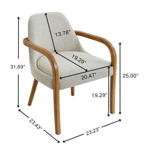 Set of 2 Mid-Century Beige Fabric Dining Arm Chairs, Rubber Wood Legs, 250 lbs Capacity