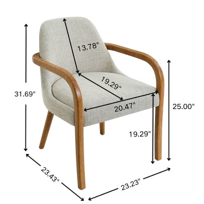 Set of 2 Mid-Century Beige Fabric Dining Arm Chairs, Rubber Wood Legs, 250 lbs Capacity