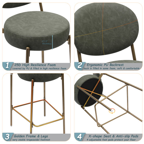 29inch  H Seat Height Upholstered Bar Stools Set of 2 Faux Leather Counter Dining Stool with Golden Legs Modern Round Kitchen Chairs (Green)