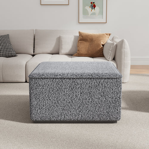 30 inch Square Black White Loop Yarn Ottoman, Upholstered Footrest with Solid Rubber Wood Feet for Multi-Room Use