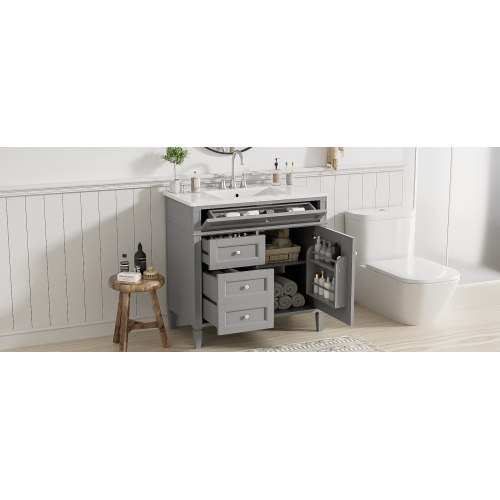 36'' Bathroom Vanity with Top Sink, Modern Bathroom Storage Cabinet with 2 Drawers and a Tip-out Drawer, Single Sink Bathroom Vanity
