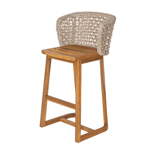 Outdoor Acacia Wood Bar Stools (Set of 2), Teak Finish Bar Height Chairs with Beige Cushion & Light Brown Wicker Back, Counter Height Stools for Patio, Poolside, Kitchen Island