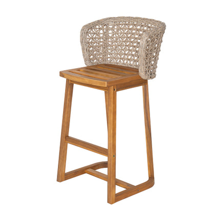 Outdoor Acacia Wood Bar Stools (Set of 2), Teak Finish Bar Height Chairs with Beige Cushion & Light Brown Wicker Back, Counter Height Stools for Patio, Poolside, Kitchen Island