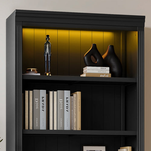 Black 5-Tier Tall Bookshelf With USB LED Light Strip Adjustable Home Display Rack