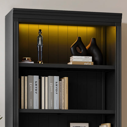 Black 5-Tier Tall Bookshelf With USB LED Light Strip Adjustable Home Display Rack
