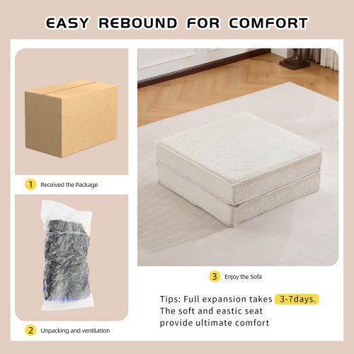 White Circle Fleece Modular Ottoman, No-Assembly Compression Convertible Floor Sofa Footstool for Small Spaces