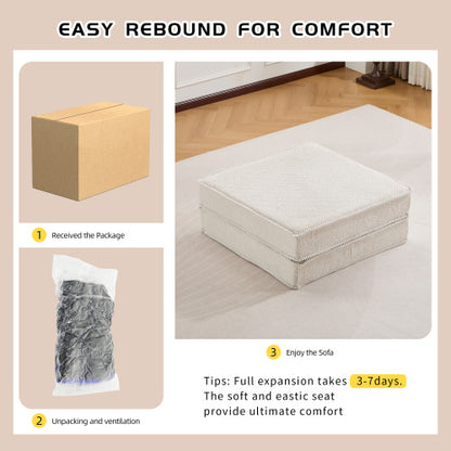 White Circle Fleece Modular Ottoman, No-Assembly Compression Convertible Floor Sofa Footstool for Small Spaces