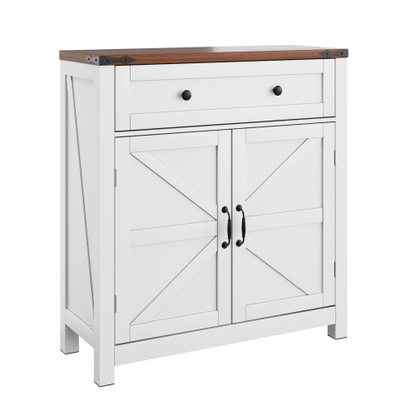 Farmhouse Storage Cabinet with Drawer and Adjustable Shelf, White Kitchen Cabinet with Walnut Countertop,  Modern Coffee Bar Console Cabinet for Kitchen, Dining Room, Bathroom, Entryway