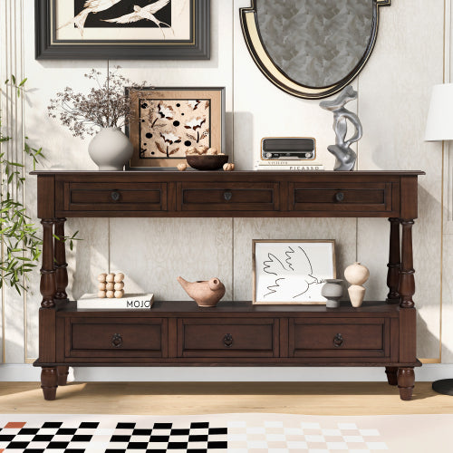 54 Inch Solid Wood Console Table with 6 Drawers & Shelf Espresso Brown