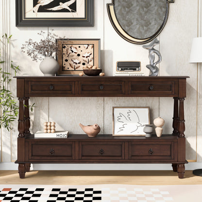 54 Inch Solid Wood Console Table with 6 Drawers & Shelf Espresso Brown