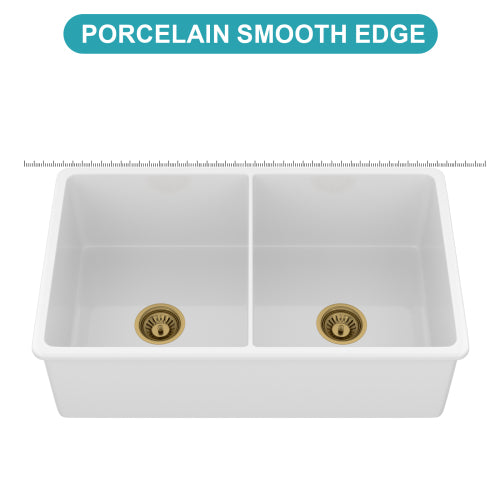 32"x19"x10" Undermount Double Bowl Porcelain Fireclay Kitchen Sink - Dual Mount White Fireclay Rectangular Deep Double Bowl Sink Basin