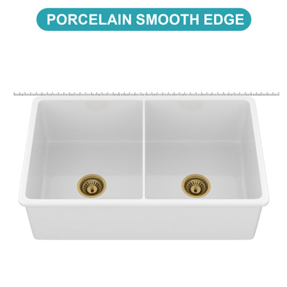 32"x19"x10" Undermount Double Bowl Porcelain Fireclay Kitchen Sink - Dual Mount White Fireclay Rectangular Deep Double Bowl Sink Basin