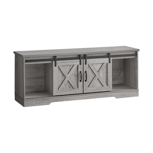 60 Inch Grey Modern Farmhouse TV Stand with Metal Track Sliding Barn Storage Doors