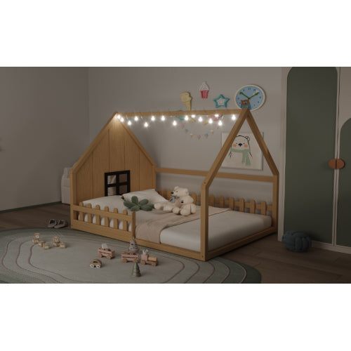Full Size Wood House Bed with Window and Fence, Natural
