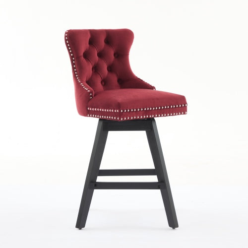 Swivel Velvet Barstools with Button Tufted Decoration and Wooden Legs, and Chrome Nailhead Trim, Leisure Style Bar Chairs,Bar stools, Set of 2 (Wine Red)