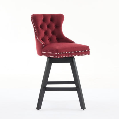 Swivel Velvet Barstools with Button Tufted Decoration and Wooden Legs, and Chrome Nailhead Trim, Leisure Style Bar Chairs,Bar stools, Set of 2 (Wine Red)