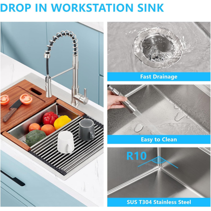 33 x 22 Drop In Stainless Steel Workstation Sink, 33 Inch 18-Gauge Stainless Steel Drop-In Kitchen Sink