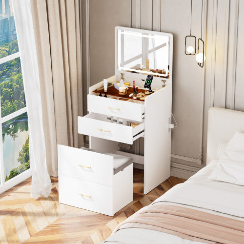 3 in 1 Vanity Desk with open Top Mirror,Make Up Vanity Set with Visible Glass Desktop,Compact Makeup Vanity with 3 Drawers and stool,Dressing Table for Bedroom