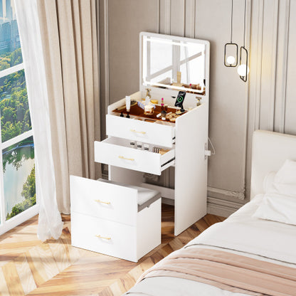 3 in 1 Vanity Desk with open Top Mirror,Make Up Vanity Set with Visible Glass Desktop,Compact Makeup Vanity with 3 Drawers and stool,Dressing Table for Bedroom