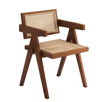 Modern Mid Century Rattan Accent Dining Chair with Armrests, Brown Finish for Living Room & Dining Room