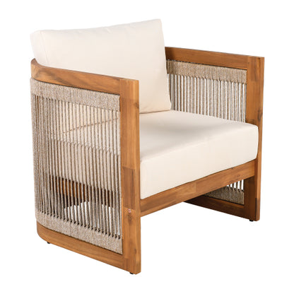 Premium Acacia Wood Outdoor Club Chair, Curved Tub Design with Woven Rope Accents, Water-Resistant Cushions, All-Weather Slat Construction