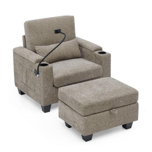 Brown Manual Recliner Single Sofa,USB Port,Cup Holders,Storage Ottoman