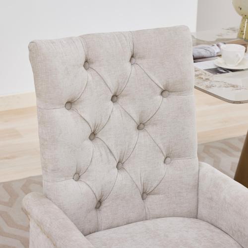 Single Beige Tufted High-Back Chenille Arm Dining Chair, Nailhead Trim, S-Spring Cushion, Polished Stainless Steel Legs