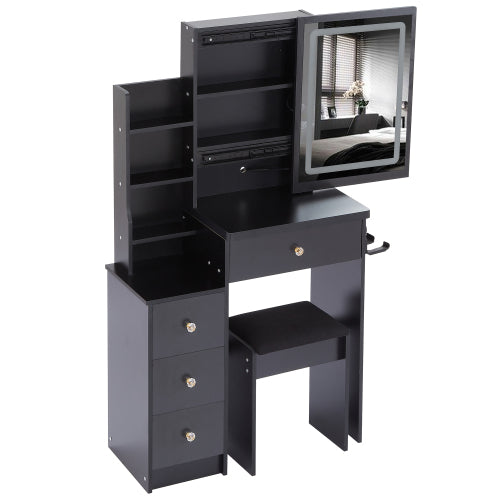 29.2" Small Size Left Bedside Cabinet Vanity Table + Cushioned Stool, 2 AC+2 USB Power Station, Hair dryer bracket, Extra Large Touch Control Sliding LED Mirror, Tri-color Switching, Brightness Adjust