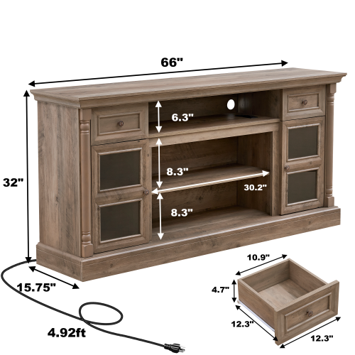 70 Inch Antique White Farmhouse Roman Column TV Stand with LED & Fireplace Reserved Space