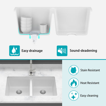 Quartz Kitchen Sink - 33" x 19" x 10.33" White granite composite undermount kitchen sink Double Bowl(50/50)