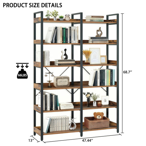 67 Inch 6 Tier Industrial Wooden Open Bookshelf Metal Frame Home Display Rack