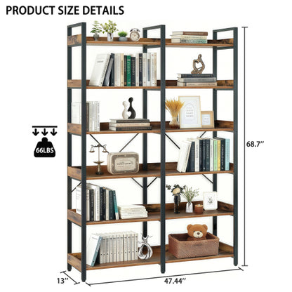 67 Inch 6 Tier Industrial Wooden Open Bookshelf Metal Frame Home Display Rack