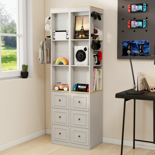 73 Inch Tall Slim Antique White Storage Cabinet 3 Drawers & Side Hooks Home Display Bookcase