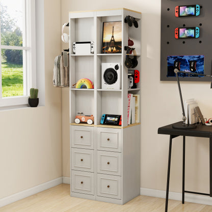 73 Inch Tall Slim Antique White Storage Cabinet 3 Drawers & Side Hooks Home Display Bookcase