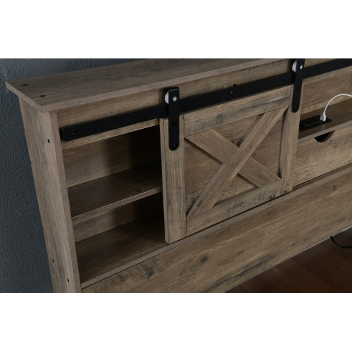 Farmhouse Bed Frame Queen Size with LED Lights and Charging Station, Wooden Queen Bed with 2 Storage Drawers, Rustic Headboard with Sliding Barn Door Storage Cabinets