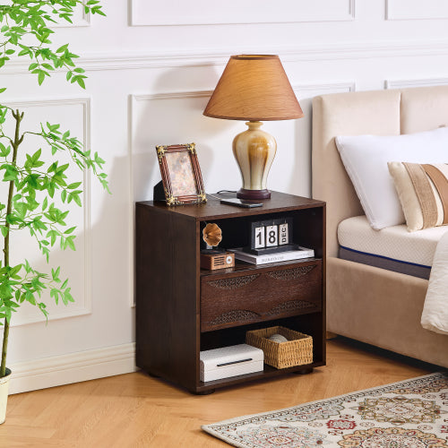 Mid Century Modern Rattan Nightstand with Charging Station USB Ports & Outlet Hole & 4 Solid Wood Bases, Farmhouse End Table with Open Space and Drawer Dresser, Walnut