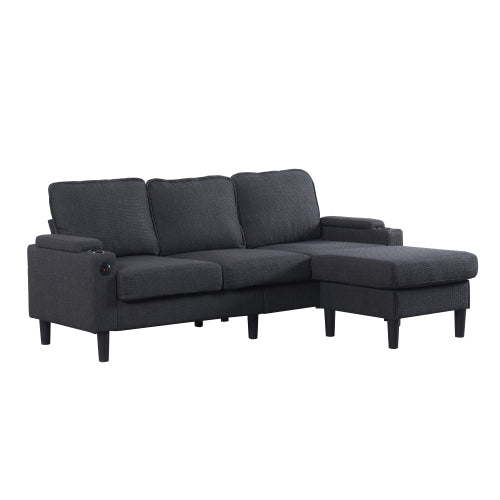 Dark-Grey L-Shaped Sectional 3-Seat Combo Sofa with Storage Ottoman USB Ports Cup-Holders for Living Room Apartment