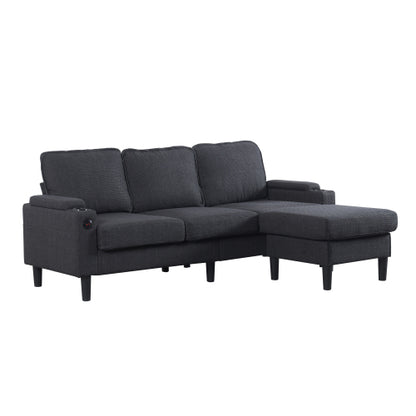 Dark-Grey L-Shaped Sectional 3-Seat Combo Sofa with Storage Ottoman USB Ports Cup-Holders for Living Room Apartment