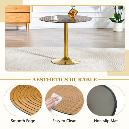 5-Piece Brown Ring Glass Round Dining Set, Gold Frame Table & 4 White PU Shell Chairs