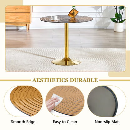 5-Piece Brown Ring Glass Round Dining Set, Gold Frame Table & 4 White PU Shell Chairs