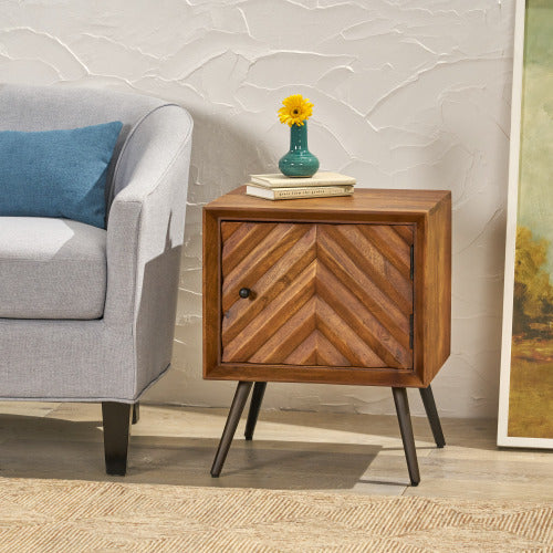 Mango Wood & Iron Accent Cabinet, Chevron Door, 17.5inchW¡Á15inchD¡Á21.5inchH