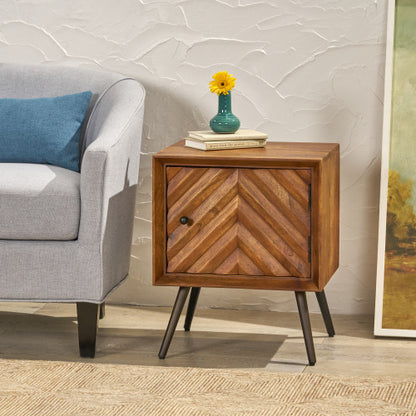 Mango Wood & Iron Accent Cabinet, Chevron Door, 17.5inchW¡Á15inchD¡Á21.5inchH
