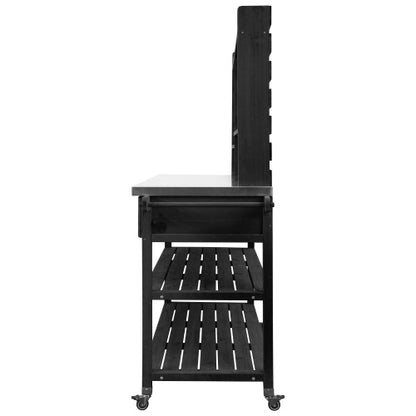 K&K 64.9"H Outdoor Potting Bench Table with Lockable Wheels, Solid Wood Outdoor Kitchen Island with Upper Hutch, Stainless Steel Top, Towel Rack ,Outdoor Storage for Grilling, Lawn Garden -Black