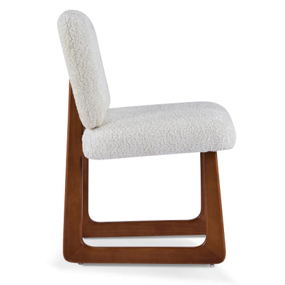 Set of 2 Beige Boucle Fabric Dining Chairs, Curved Wood Leg Multi-Material Frame 300lbs Capacity