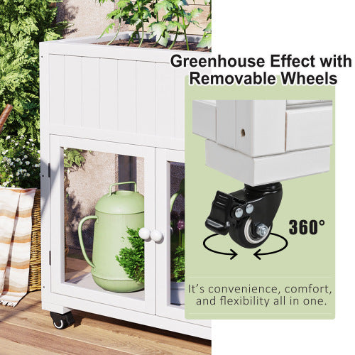 TOPMAX Patio 35.4inch x 17.7inch x 37.4inch Mini Wood Cold Frame Greenhouse with Wheels White