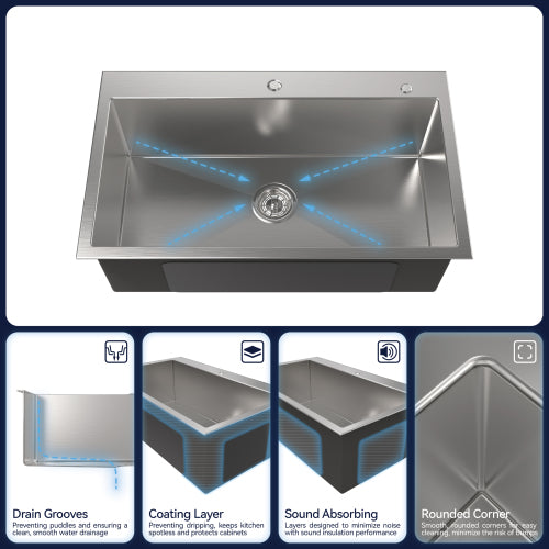 Stainless Steel Kitchen Sink, 32″x19″ Single Bowl, Overmount Handmade Sink in Brushed Nickel, with US Standard Drain and Hook, LS-SSBR02