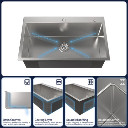 Stainless Steel Kitchen Sink, 32″x19″ Single Bowl, Overmount Handmade Sink in Brushed Nickel, with US Standard Drain and Hook, LS-SSBR02