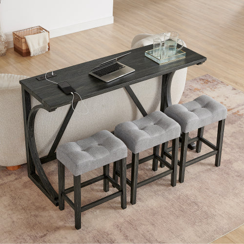 59 Inch Farmhouse Wood Bar Table Set with Power Outlet, 4-Piece Brown Linen Padded Stools Dining Furniture