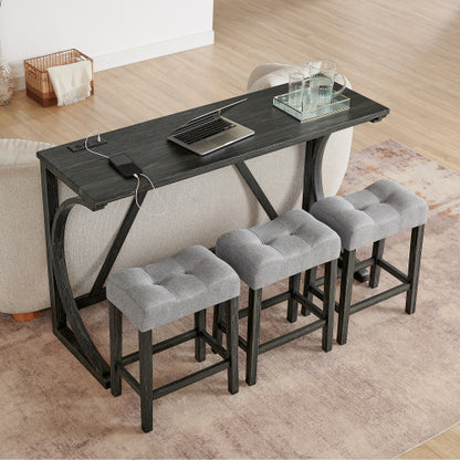 59 Inch Farmhouse Wood Bar Table Set with Power Outlet, 4-Piece Brown Linen Padded Stools Dining Furniture