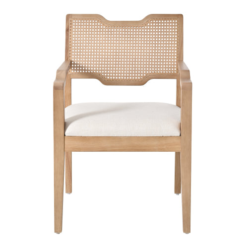 Set of 2 Natural Rubber Wood Farmhouse Rattan Back Arm Dining Chairs, Beige Fabric Upholstered 300 LBS Capacity
